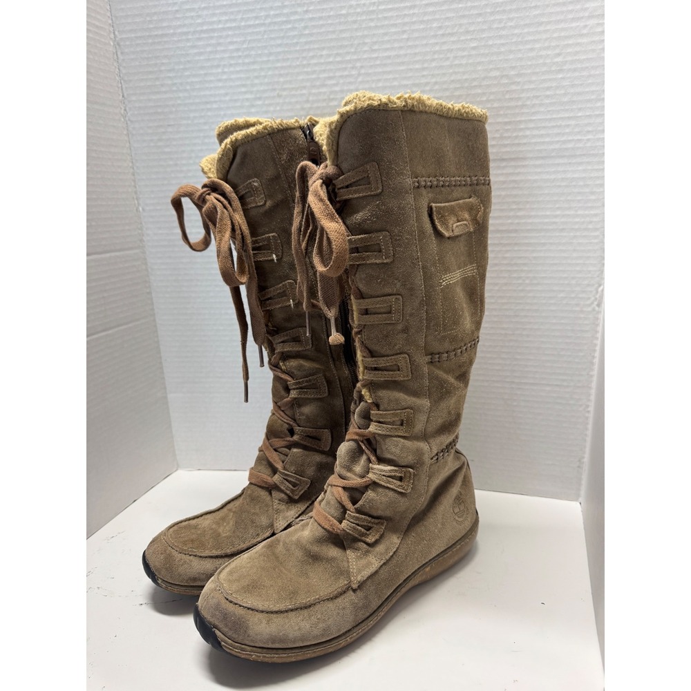 Timberland 21634 Womens Brown Suede Faux Fur Tall Lace Up Winter Boots Size 8 W